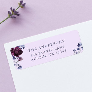 Etiqueta Dirección de retorno de Boda floral morado e índig