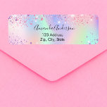 Etiqueta Dirección de retorno de chispas moradas holográfic<br><div class="desc">Un fondo holográfico de moda con colores unicornio y colores arcoiris en rosa,  violeta,  verde menta. Decorado con chispas en rosa y violeta. Personalice y agregue su nombre y dirección. Perfecto para una ducha nupcial,  una ducha de bebé o para invitaciones de fiesta de cumpleaños.</div>