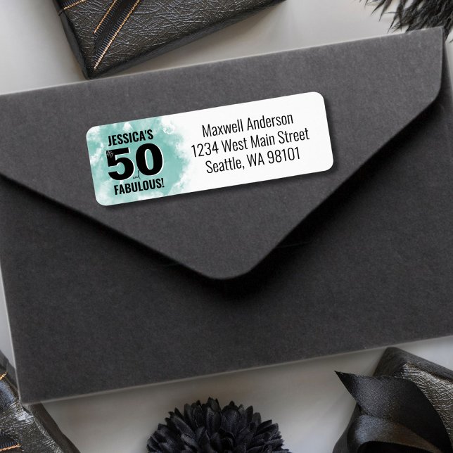 Etiqueta Dirección de retorno de cumpleaños 50 (Modern Watercolor Fifty Fabulous 50th Birthday label)