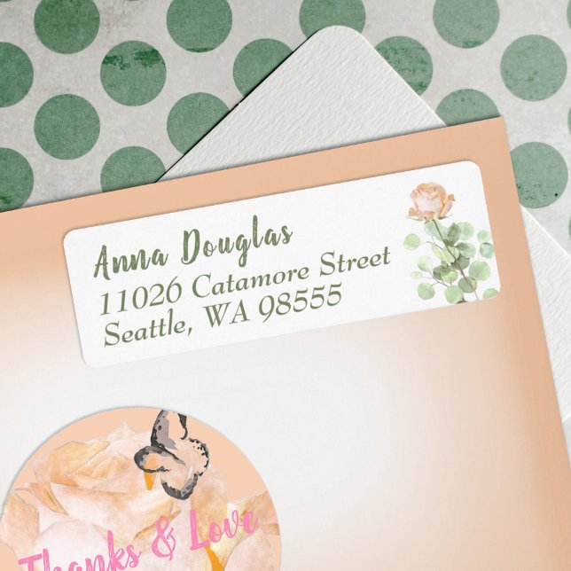 Etiqueta Dirección de retorno de Eucaliptus Rosa Dusty (dusty peach roses botanical return address label personalized stationary grad graduate floral pink)