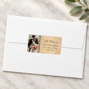 Etiqueta Dirección de Retorno de Foto de Boda Rústica Vinta