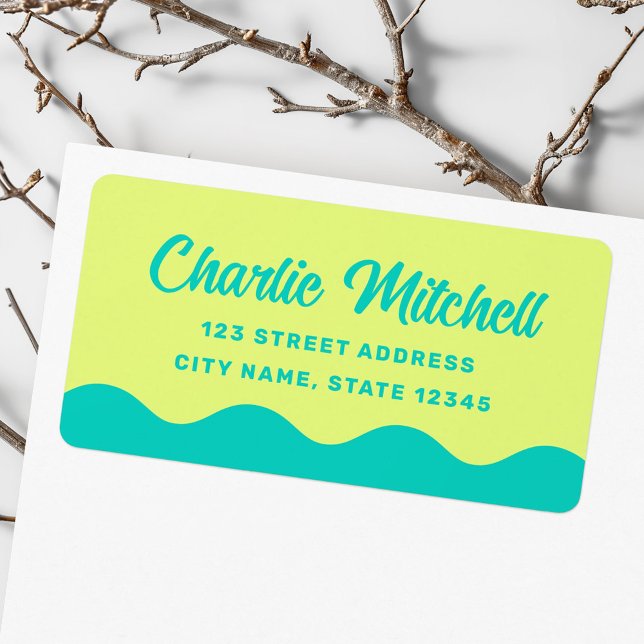 Etiqueta Dirección de retorno de frontera ondulada retro de (Lime green aqua retro wavy border return address label)