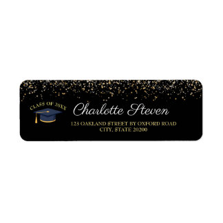 Etiqueta Dirección de retorno de graduación en negro y oro 