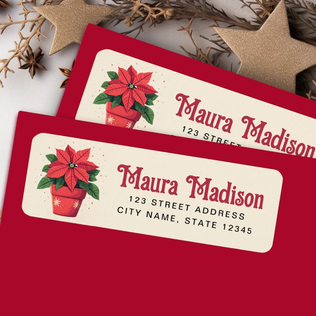 Etiqueta Dirección de retorno de vacaciones de los Navidade (Cute poinsettia Christmas holiday return address Label)