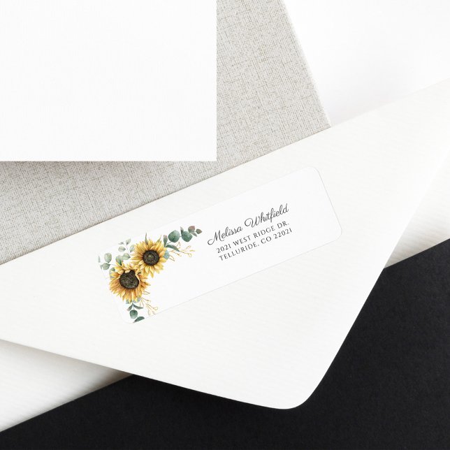 Etiqueta Dirección de retorno floral del girasol Eucalyptus (Floral Sunflower Greenery Script Return Address Label)