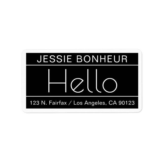 Etiqueta Dirección de retorno moderna con la palabra "Hello (Frente)