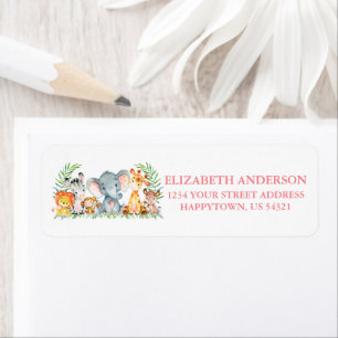 Etiqueta Dirección de retorno rosa de Safari Animals Baby S