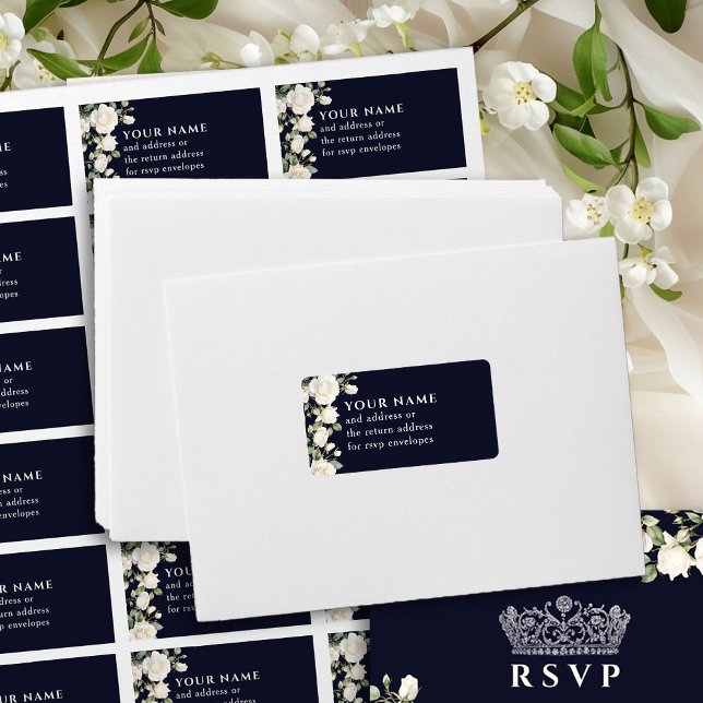 Etiqueta Dirección de sobre RSVP de rosas blancas azules os (RSVP envelope address labels from Princess Dress and Roses Quinceanera collection by Darling & May)