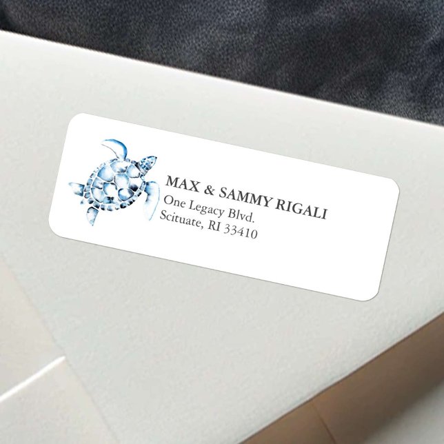 Etiqueta Dirección de tortuga azul acuática (beach sea turtle return address labels watercolor art by Victoria Grigaliunas of Do Tell A Belle)