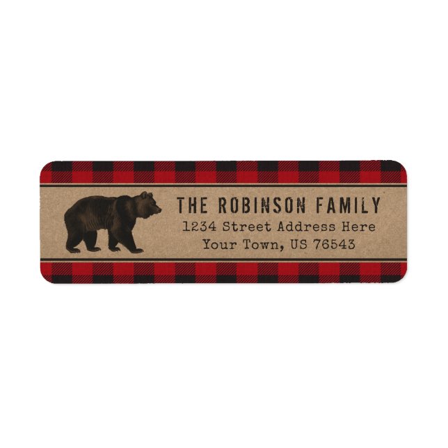 Etiqueta Dirección de vacaciones de Red Plaid Rustic Bear K (Frente)