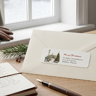 Etiqueta Dirección del árbol de navidad del pino verde rojo