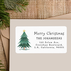 Etiqueta Dirección del árbol de Navidad verde acuarela mode