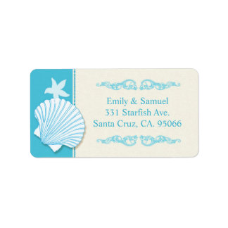 Etiqueta Dirección del Boda del Shell de la playa azul de M