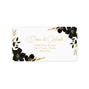 Etiqueta Dirección del boda floral negro y blanco