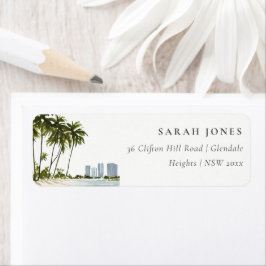 Etiqueta Dirección del paisaje de la palma acuarela de Miam