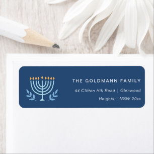 Etiqueta Dirección Hanukkah de velas de Menorah azul simple