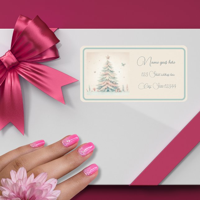 Etiqueta Dirección personalizada de Feliz Navidad pálido vi (Vintage Pastel Christmas Tree Address Label)