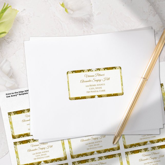 Etiqueta Dirección Retro Gold Green Damask Wedding (Subido por el creador)