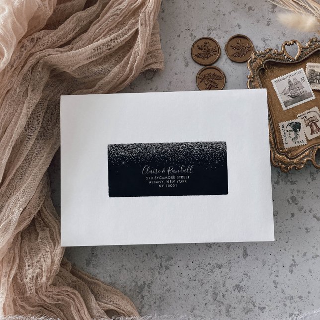 Etiqueta Dirección RSVP de Silver Confetti Calligraphy (Subido por el creador)