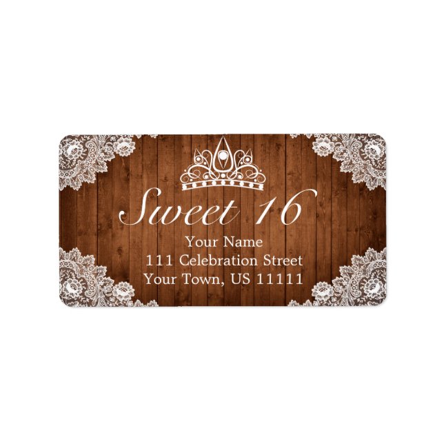 Etiqueta Dirección Rustic Wood & White Lace Tiara Sweet 16 (Frente)