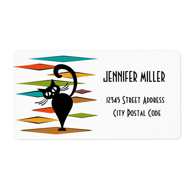 Etiqueta Diseño de gato negro de Mid Century (Frente)