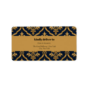 Etiqueta Diseño de Motivo Vintage de Damasco Dorado y Azul 