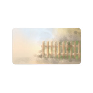 Etiqueta diseño del paisaje de la neblina de verano