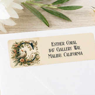 Etiqueta Diseño Floral de Pájaro Vintage para Boda Elegante