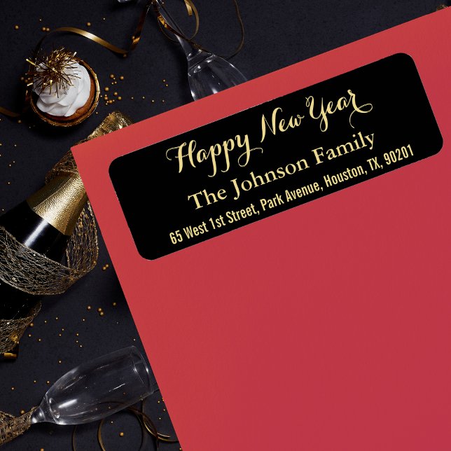 Etiqueta DIY Personalizado Faux Gold Black Happy Year Discu (DIY Custom Faux Gold Black Happy New Year Address Label)