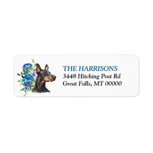 Etiqueta Doberman Pinscher Dog Blue Floral Return Address