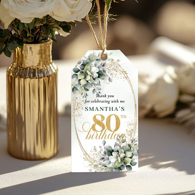 Etiqueta dorada boho de cumpleaños 80 en verde pol (Dusty Green 80th Birthday Boho Gold Tag

)