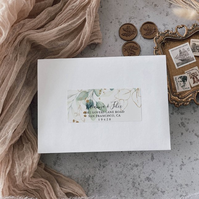 Etiqueta Dorado Eucalyptus Calligraphy Wedding Dirección RS (Subido por el creador)