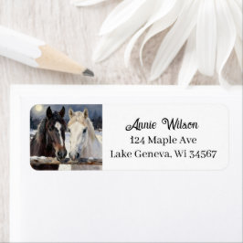 Etiqueta Dos caballos en una granja nevada | Personalizado