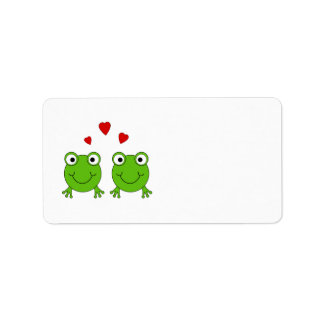 Etiqueta Dos ranas verdes con corazones rojos.