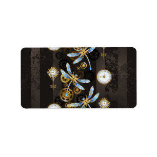 Etiqueta Dragoniscos de Steampunk sobre fondo rayado marrón