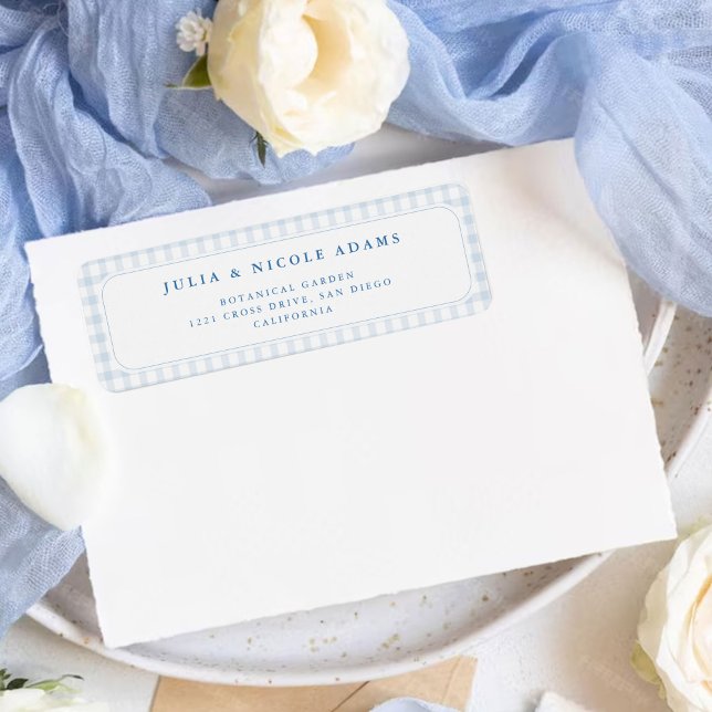 Etiqueta Ducha de bebé de osito de gingham azul de corazón  (Subido por el creador)