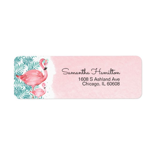 Etiqueta Ducha de Bebé Rosa de Flamenco y Hojas Tropicales (Frente)