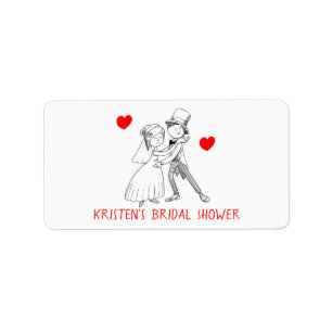 Etiqueta Ducha de Novia Caricatura Novia Novio Negro Rojo