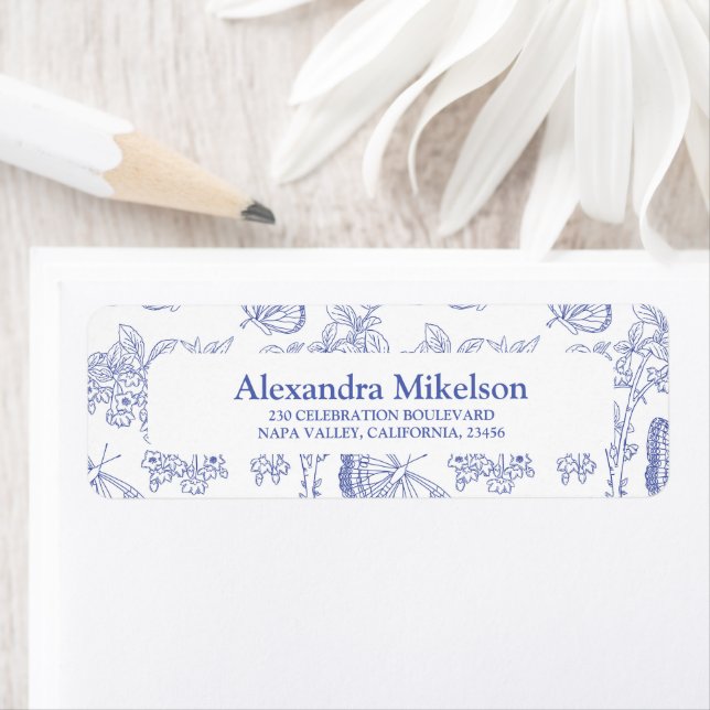 Etiqueta Ducha nupcial floral Chinoiserie azul personalizad (In situ)