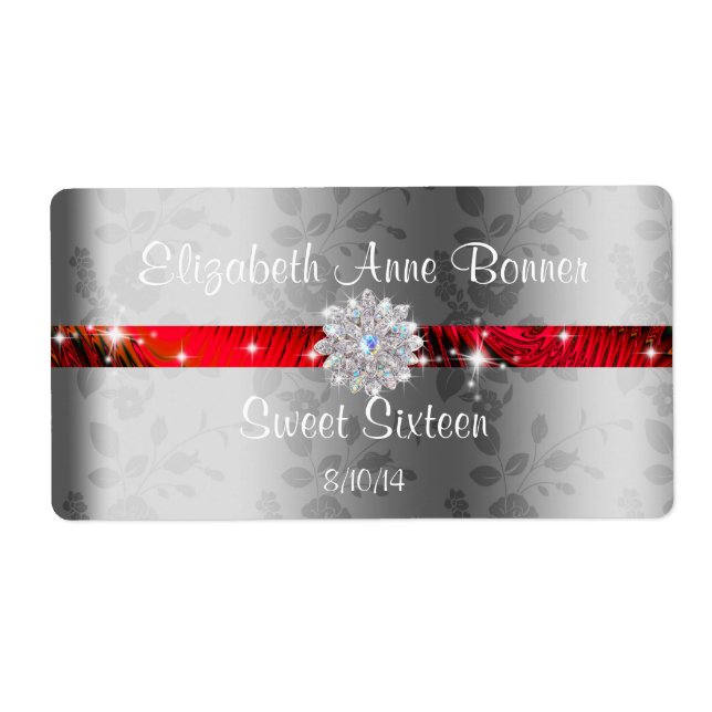 Etiqueta Dulces Dieciséis Rojo con Brillo, Personalizado (Frente)