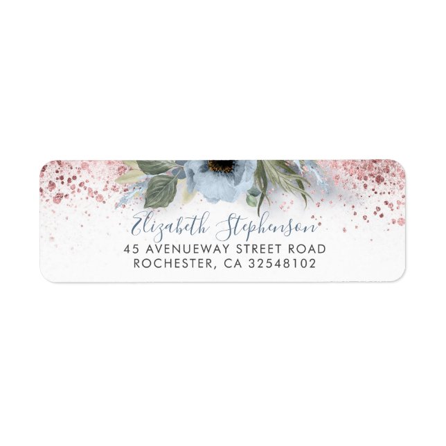 Etiqueta Dusty Blue y Rosa Gold Purpurina Floral Trendy (Frente)