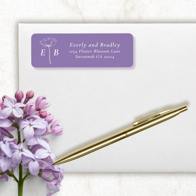 Etiqueta Dusty Purple White Monogram Floral Accent Address (Subido por el creador)