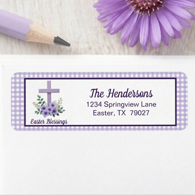 Etiqueta Easter Blessings Cross with Flowers Purple Gingham (Subido por el creador)