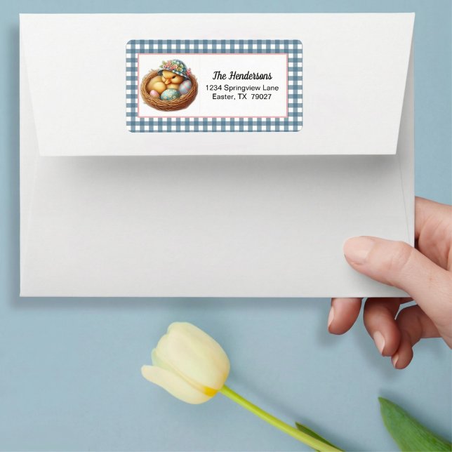 Etiqueta Easter Duckling with Eggs on Blue Gingham Plaid (Subido por el creador)