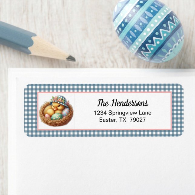 Etiqueta Easter Duckling with Eggs on Blue Gingham Plaid (Subido por el creador)