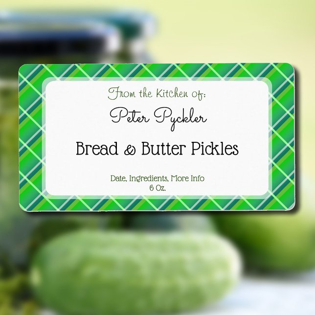 Etiqueta editable de conservas o alimentos a cuadr (Green plaid pattern editable pickling or baking shipping label)