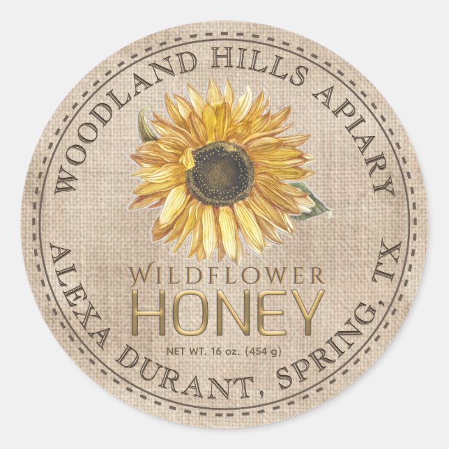 Etiqueta editable de girasol de Honey Jar Bee (Anverso)