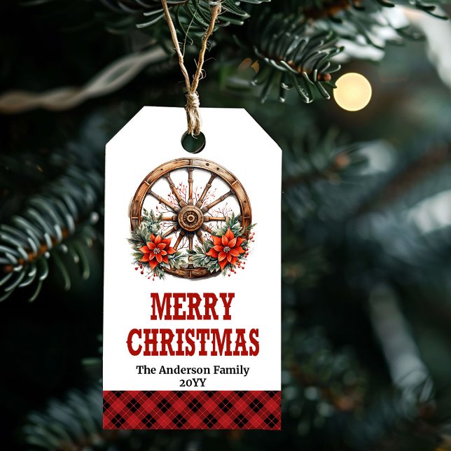 Etiqueta editable de Navidad con rueda de vaquero  (Western cowboy Christmas tag editable and name)