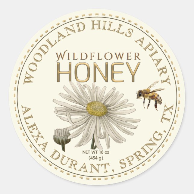Etiqueta editable Honey Jar Bee Wildflower (Anverso)
