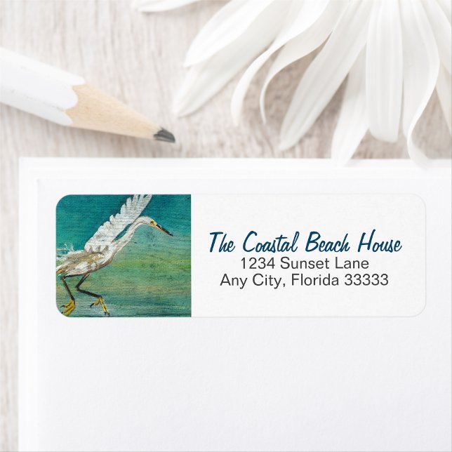 Etiqueta Egret Shorebird Sobre La Pintura De Agua (Gorgeous Egret Shorebird On Water Art return address labels from Jenn's Emporium. )